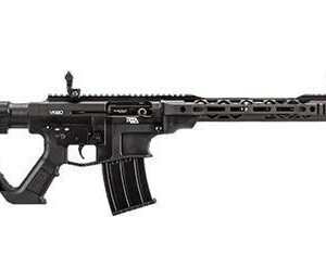 Black modular AR-style rifle with collapsible stock, foregrip, and rail handguard shown in profile on a white background