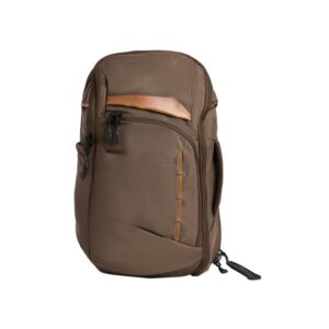 Brown backpack with multiple zip compartments and a front pocket against a white background.
