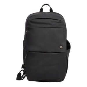 Black backpack with multiple zippered compartments and a side pocket, shown from the front with a top handle and padded straps near the back.