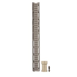 Tall beige mounting rail with many evenly spaced rectangular slots, plus a small beige connector at the base and tiny hardware nearby.