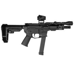 Black tactical carbine-style rifle with an adjustable stock, pistol grip, and curved magazine, featuring a mounted red-dot sight and front accessory rail with a flashlight/laser module (informational image).
