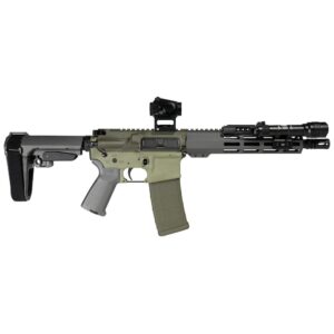 Olive-green AR-style rifle with adjustable stock and magazine, shown in profile with a mounted optic and foregrip accessories at the front rail.