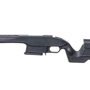 Black adjustable rifle buttstock with cheek rest, shown from the side on a white background.