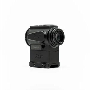 Black compact reflex red-dot sight with a mounting base, shown in side view on a white background
