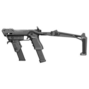 Sci‑fi style gray assault rifle with a long, adjustable stock and dual magazines, shown from side view on a white background.