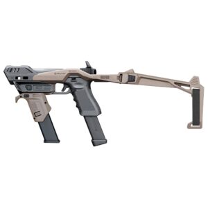 Futuristic tan and gray assault rifle with a detachable stock and magazine protruding below the grip.