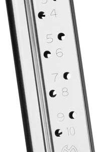 Metal handgun magazine with numbered witness holes from 2 to 10, showing 9 mm capacity